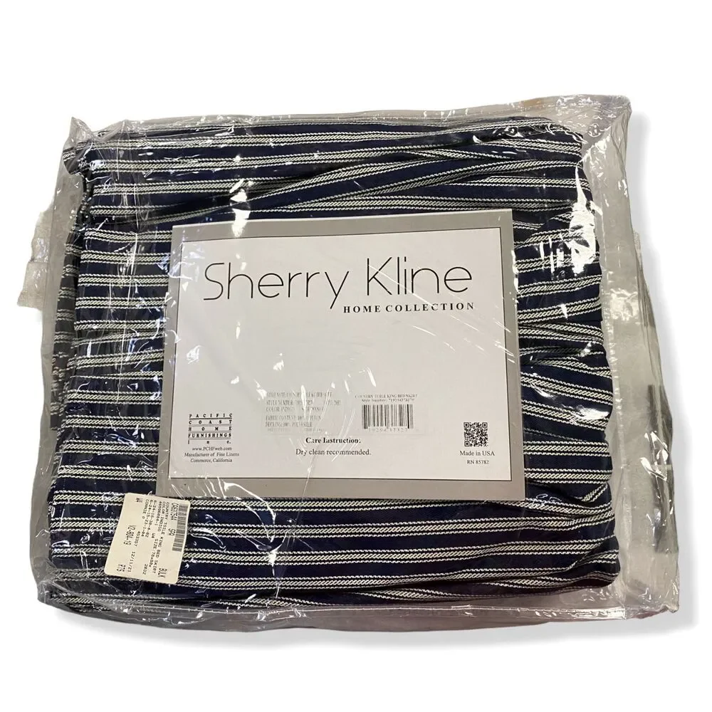 $275 Sherry Kline Home Blue White King Country Toile Striped Bed Dust Skirt